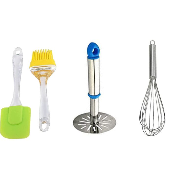 NILAY Multipurpose Non-Stick Heat Resistance Silicone Spatula Cooking Oil Brush | Set with Egg Whisker | and Stainless Steel | Potato Masher Kitchen Tool Set | (Pack of 4) NILAY Multipurpose Non-Stick Heat Resistance Silicone Spatula Cooking Oil Brush | Set with Egg Whisker | and Stainless Steel | Potato Masher Kitchen Tool Set | (Pack of 4)