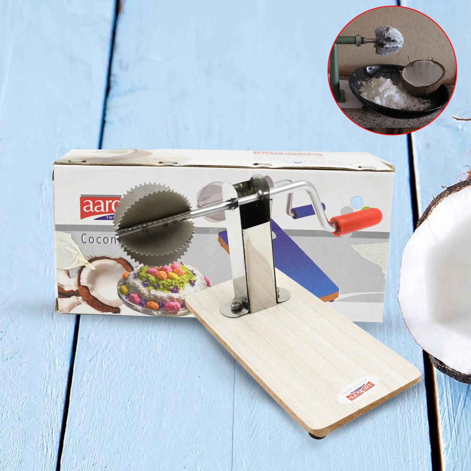 Stainless Steel Coconut Scraper with Wooden Base - Image 3