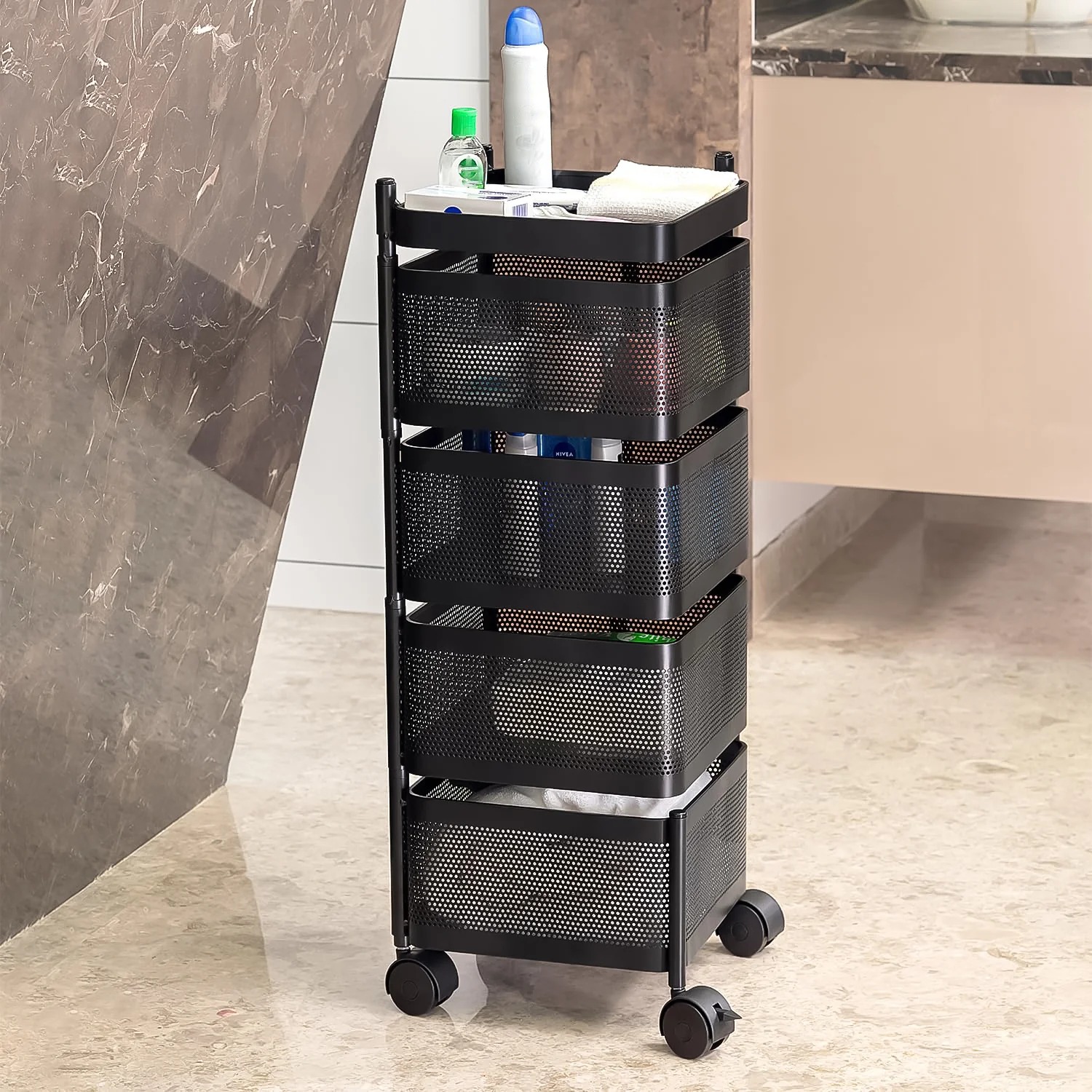 4-Layer Metal Square Kitchen Trolley with Wheels - Image 5